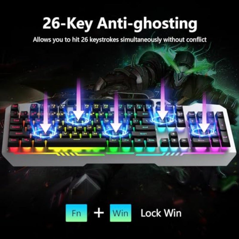 لوحة مفاتيح T102 مكونة من 104 مفتاح مع مجموعة ألعاب لوحة مفاتيح وفأرة بتوهج RGB مع لوحة أرقام من المعدن بالكامل مقاومة للماء وموصل USB لوحة مفاتيح كمبيوتر مضيئة للألعاب لنظام MAC وXbox وكمبيوتر شخصي كاملة الحجم مع لوحة أرقام محدثة إصدار جديد لوحة مفاتيح مضيئة بتقنية الغيمة المضادة للجمود للاستخدام مع اللابتوب ونظام Windows XP 7 8 10 - Image 4