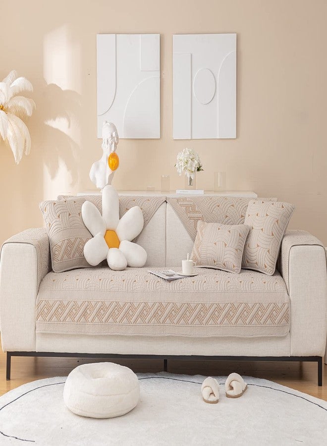 vctops Solid Color Cotton Quilted Sofa Couch Cover Weave Pattern Soft Sectional Couch Covers Embroidery Non-Slip Sofa Slipcover for Dogs, Children, Pets Furniture Protector (Khaki,28"x28") - Image 2