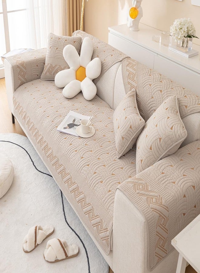 vctops Solid Color Cotton Quilted Sofa Couch Cover Weave Pattern Soft Sectional Couch Covers Embroidery Non-Slip Sofa Slipcover for Dogs, Children, Pets Furniture Protector (Khaki,28"x28") - Image 4