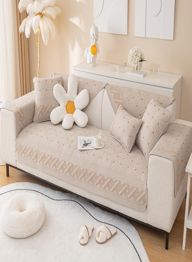 vctops Solid Color Cotton Quilted Sofa Couch Cover Weave Pattern Soft Sectional Couch Covers Embroidery Non-Slip Sofa Slipcover for Dogs, Children, Pets Furniture Protector (Khaki,28"x28") - Image 3