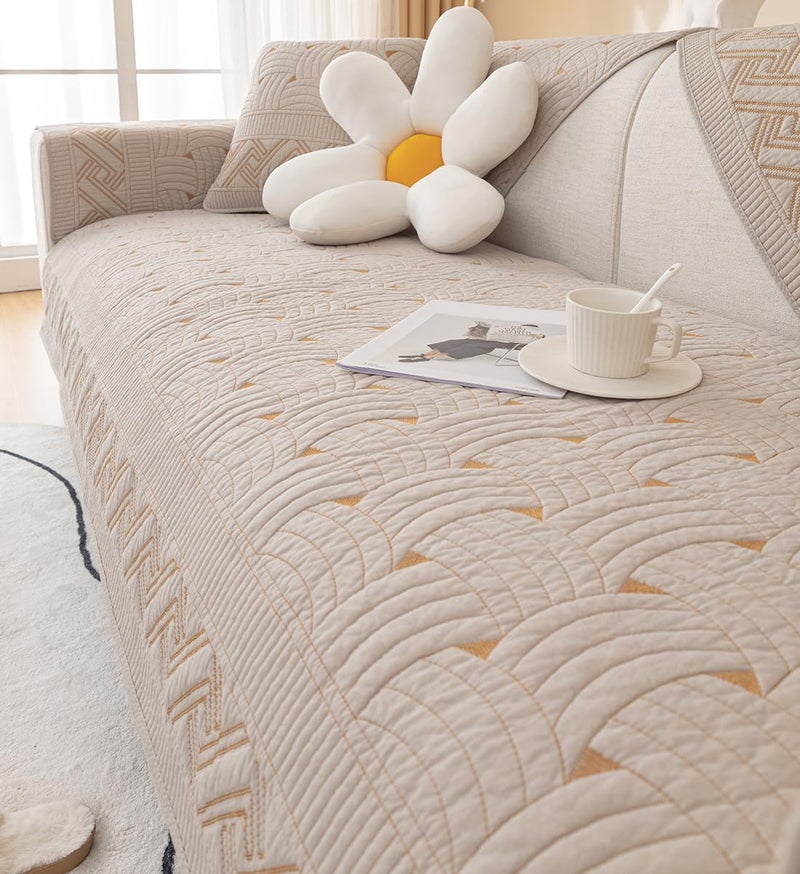 vctops Solid Color Cotton Quilted Sofa Couch Cover Weave Pattern Soft Sectional Couch Covers Embroidery Non-Slip Sofa Slipcover for Dogs, Children, Pets Furniture Protector (Khaki,28"x28") - Image 1