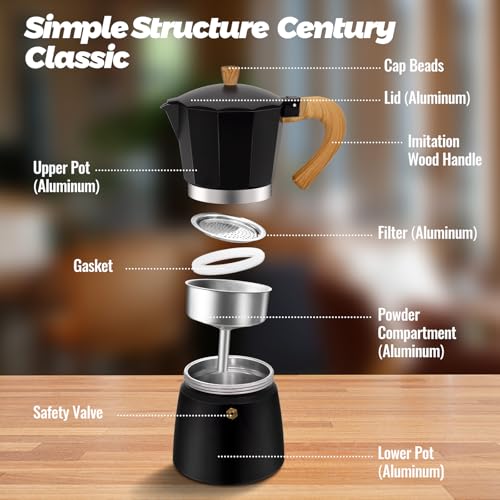 Vaolvpant 12 Cup Aluminum Moka Pot Classic Stovetop Espresso Coffee Maker 600ml 20oz Coffeemaker Percolator Mocha Pot Greca Coffee Maker Cafe Makers for Italian and Cuban Café Brewing Black - Image 3