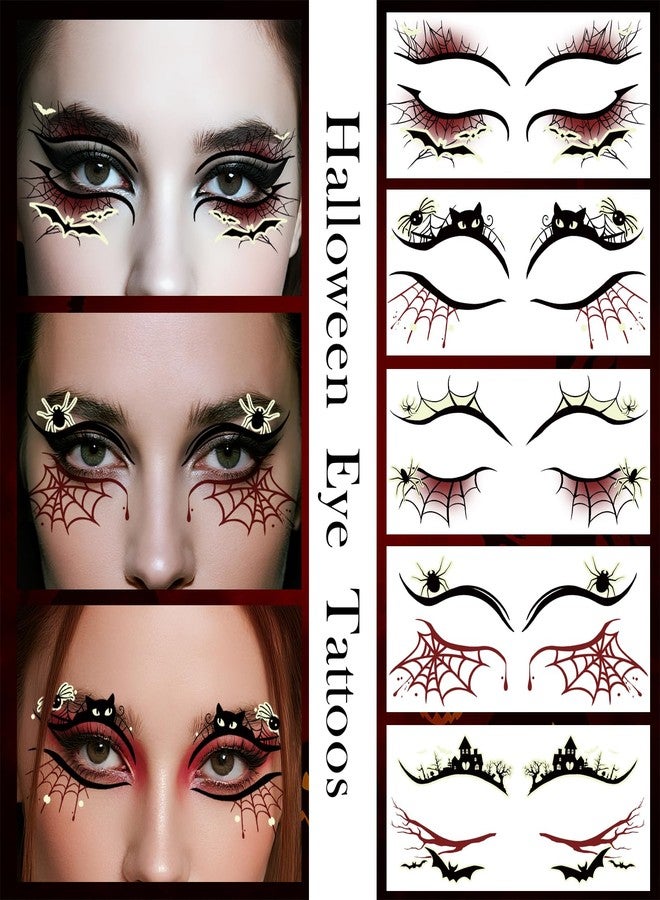 Metuu Glow in Dark Halloween Eyeliner Temporary Tattoos for Adults, 12 Pairs Luminous Eyes Fake Tattoos, Gothic Spooky Designs with Spiders Web, Bats, Cats, Skulls, Black - Image 4