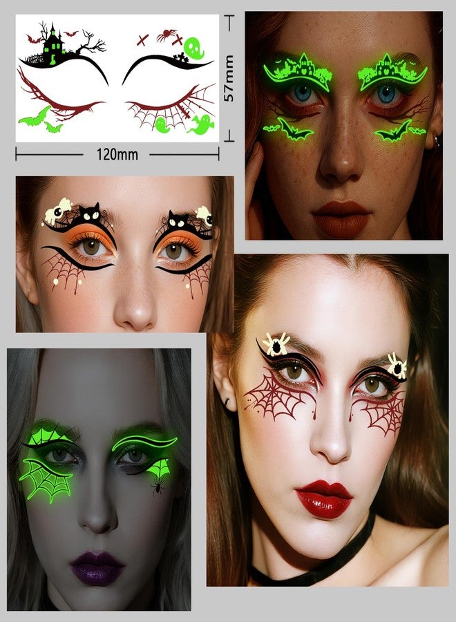 Metuu Glow in Dark Halloween Eyeliner Temporary Tattoos for Adults, 12 Pairs Luminous Eyes Fake Tattoos, Gothic Spooky Designs with Spiders Web, Bats, Cats, Skulls, Black - Image 3