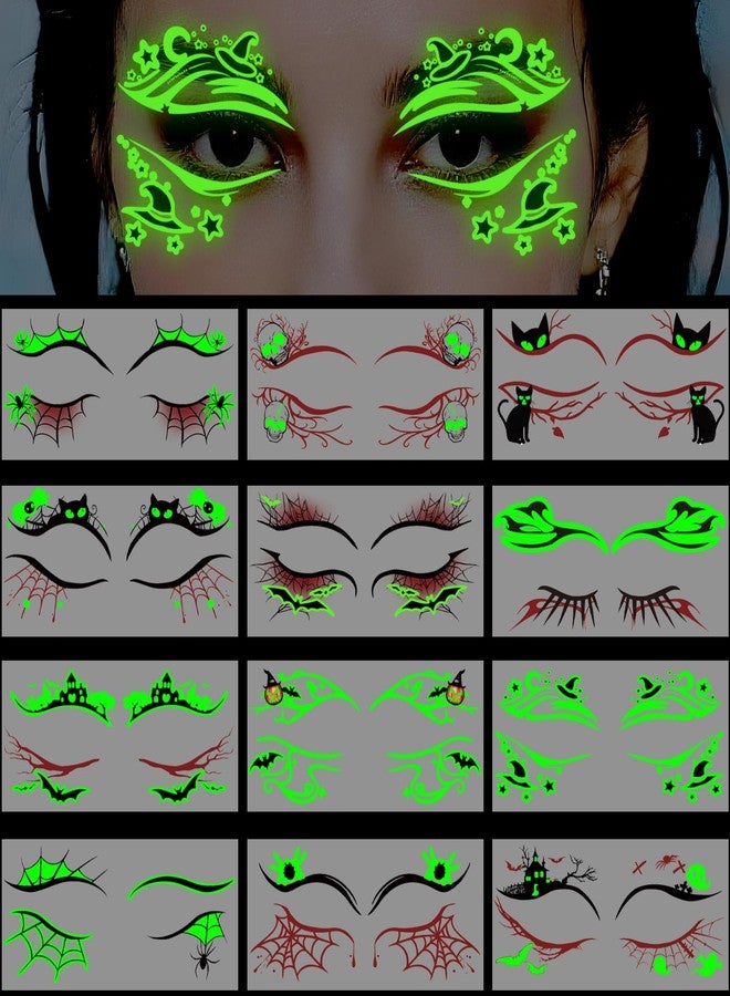 Metuu Glow in Dark Halloween Eyeliner Temporary Tattoos for Adults, 12 Pairs Luminous Eyes Fake Tattoos, Gothic Spooky Designs with Spiders Web, Bats, Cats, Skulls, Black - Image 5
