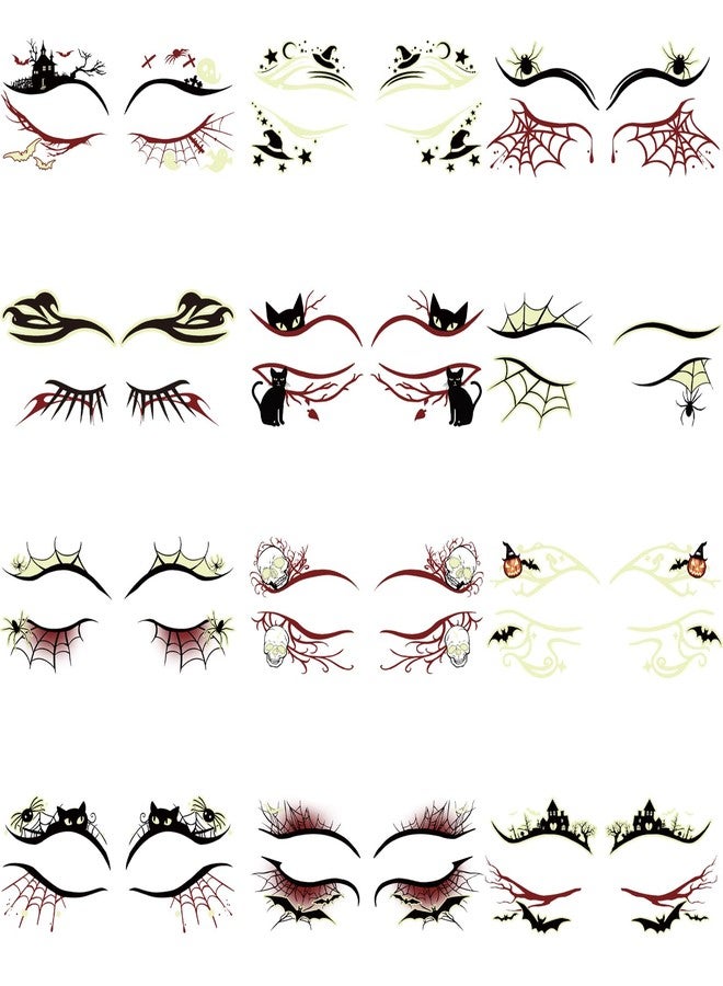 Metuu Glow in Dark Halloween Eyeliner Temporary Tattoos for Adults, 12 Pairs Luminous Eyes Fake Tattoos, Gothic Spooky Designs with Spiders Web, Bats, Cats, Skulls, Black - Image 2