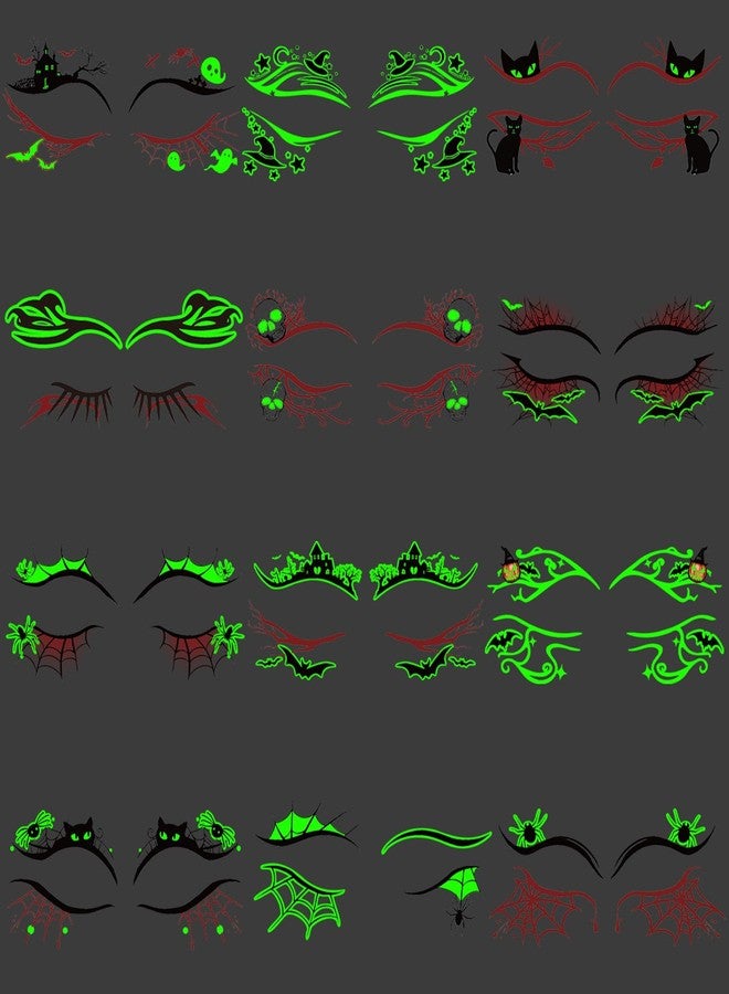 Metuu Glow in Dark Halloween Eyeliner Temporary Tattoos for Adults, 12 Pairs Luminous Eyes Fake Tattoos, Gothic Spooky Designs with Spiders Web, Bats, Cats, Skulls, Black - Image 1