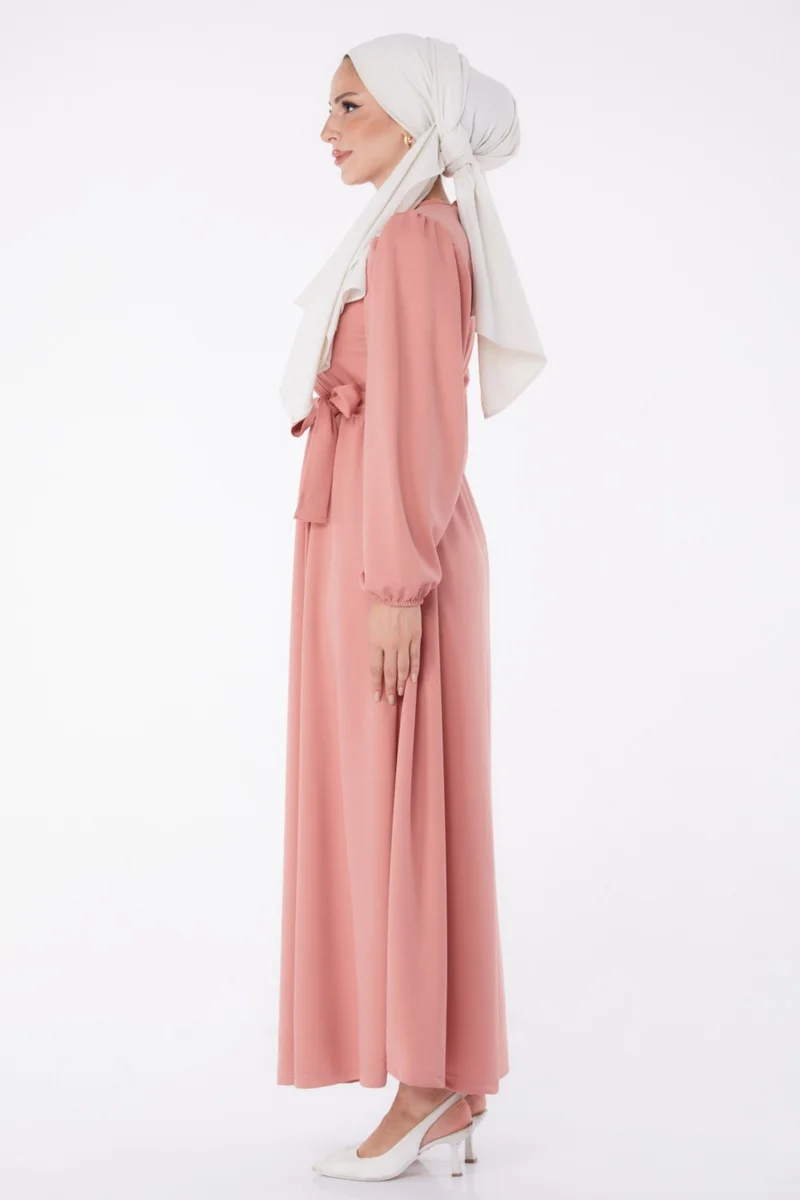 Tofisa Plain Crew Neck Women's Pink Pleated Dress - 13246