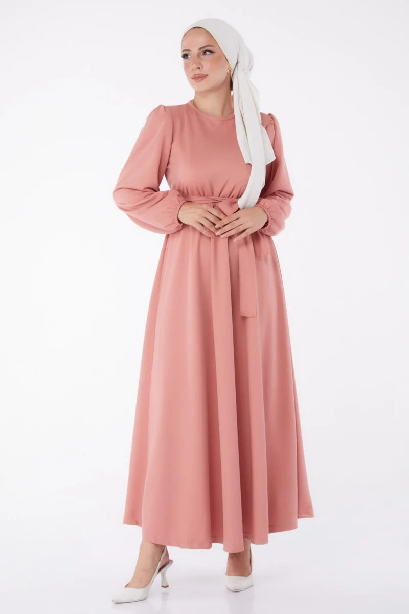 Tofisa Plain Crew Neck Women's Pink Pleated Dress - 13246