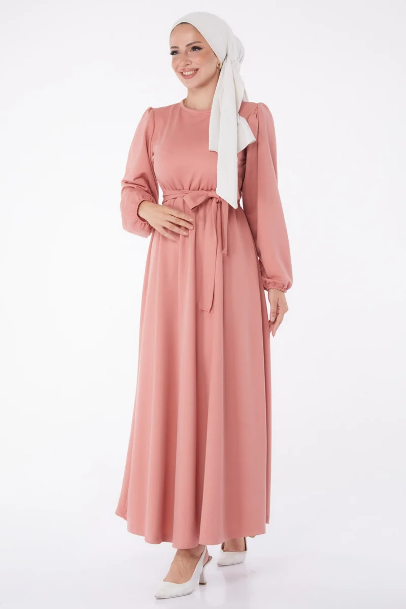 Tofisa Plain Crew Neck Women's Pink Pleated Dress - 13246
