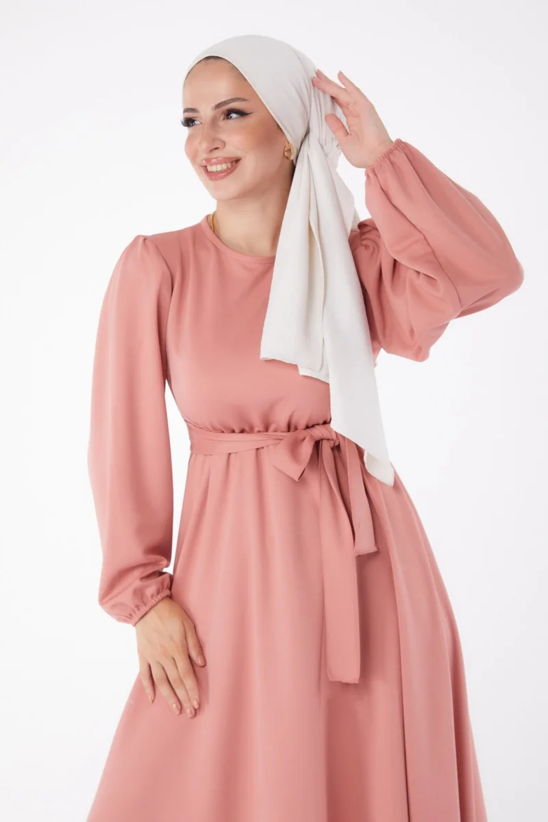 Tofisa Plain Crew Neck Women's Pink Pleated Dress - 13246