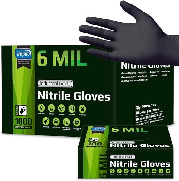 Inspire Black Nitrile Gloves HEAVY DUTY 6 Mil Nitrile Chemical Resistant Medical Cooking Cleaning Disposable Black Gloves Case - Image 1