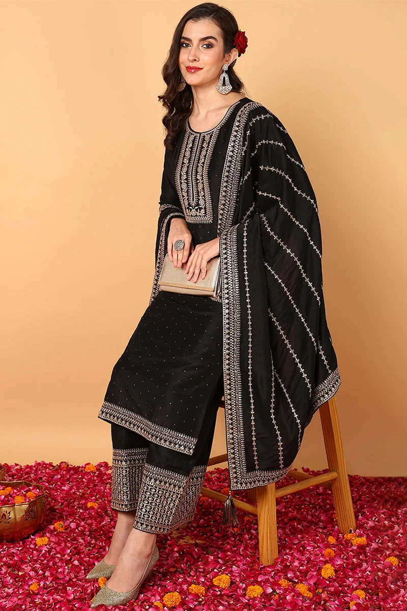 Black Silk Blend Solid Embroidered Straight 3-Piece Kurta Set