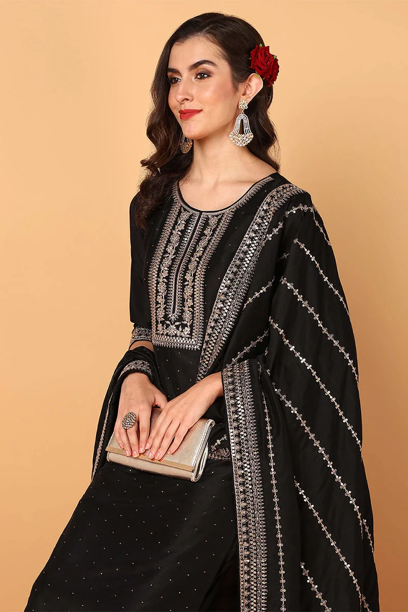 ZERESOUQ Black Silk Blend Solid Embroidered Straight 3-Piece Kurta Set