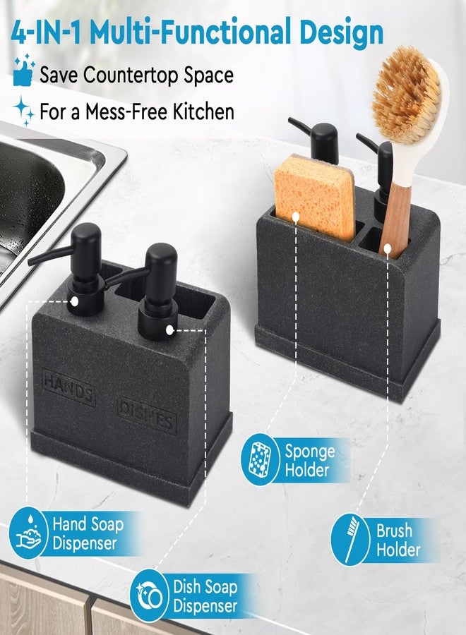 Deobath Hand and Dish Soap Dispenser Set, Dual Soap Dispenser with Sponge Caddy and Brush Holder 4-in-1 Countertop Organizer for Kitchen Bathroom, Useful Kitchen Gadgets - Black - Image 2