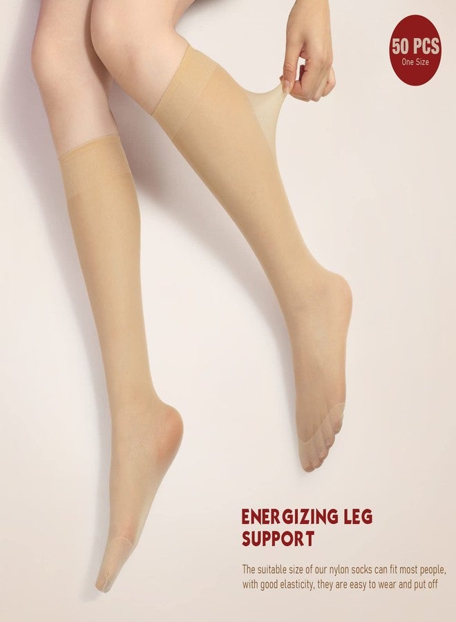تاربوب جوارب نسائية شفافة من النايلون من Tarpop، 50 زوجًا، تصل إلى الركبة، جوارب معززة عند الأصابع، جوارب ضاغطة مطاطية تصل إلى الركبة، عبوة بالجملة (لون بيج). - Image 3