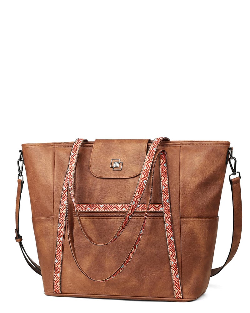 FADEON Large Laptop Tote Bag for Women Designer Leather Laptop Bag Fashion Travel Backpack Purse Shoulder Handbag Brown - Image 1