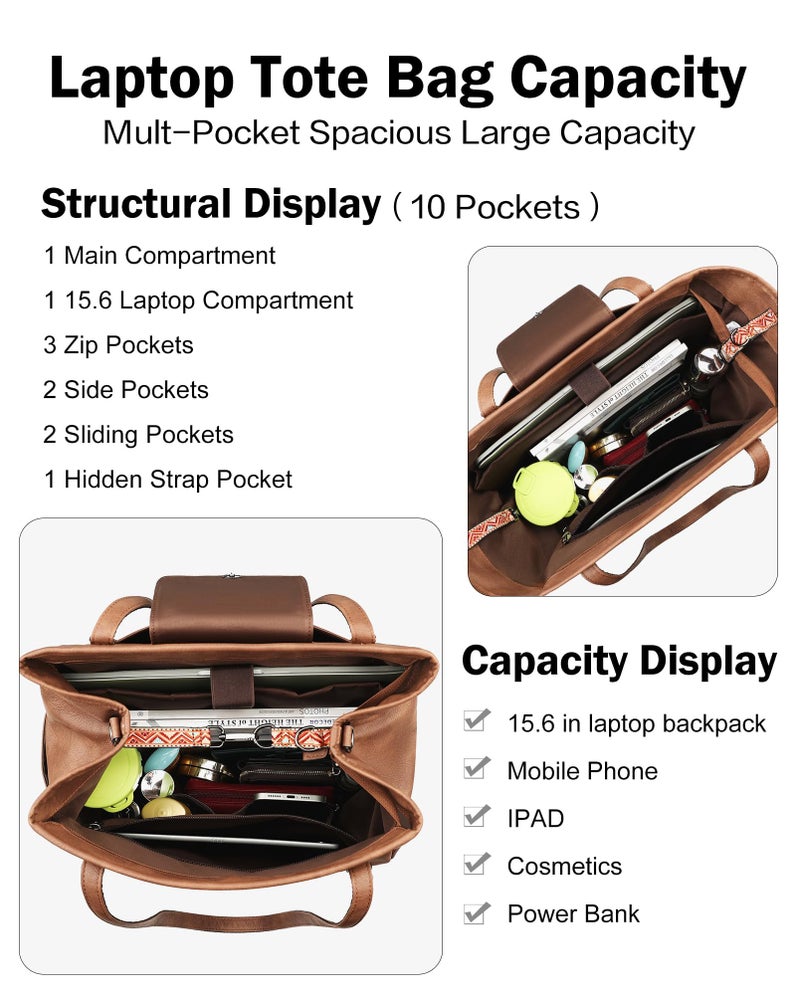 FADEON Large Laptop Tote Bag for Women Designer Leather Laptop Bag Fashion Travel Backpack Purse Shoulder Handbag Brown - Image 3