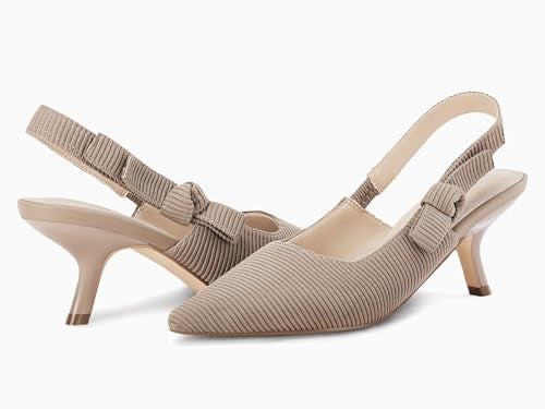 Coutgo Womens Slingback Kitten Heels Closed Pointed Toe Bowknot Knitted Slip On Work Pumps Dress Shoes, Light Coffee, Size 7 - Image 5