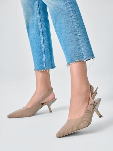 Coutgo Womens Slingback Kitten Heels Closed Pointed Toe Bowknot Knitted Slip On Work Pumps Dress Shoes, Light Coffee, Size 7 - Image 2