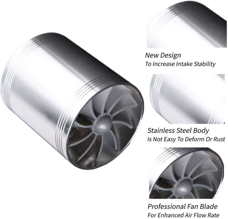 woobles Air Intake Turbo, Car Air Intake Turbonator Dual Fan Turbine Super Charger Gas Fuel Saver Turbo(Silver) Silver - Image 4