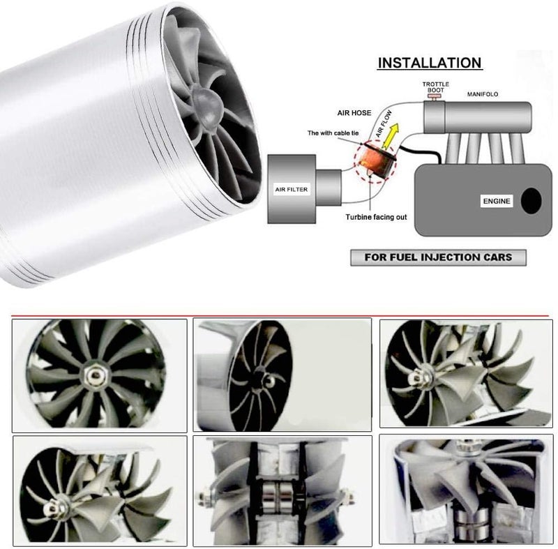 woobles Air Intake Turbo, Car Air Intake Turbonator Dual Fan Turbine Super Charger Gas Fuel Saver Turbo(Silver) Silver - Image 3