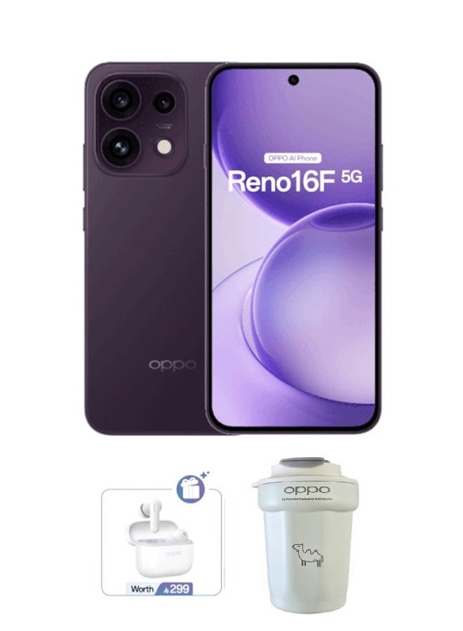 أوبو Reno16F 5G Dual SIM Twilight Violet 8GB RAM 256GB with FREE Enco Buds 3 Pro, Mug – Middle East Version - Image 1