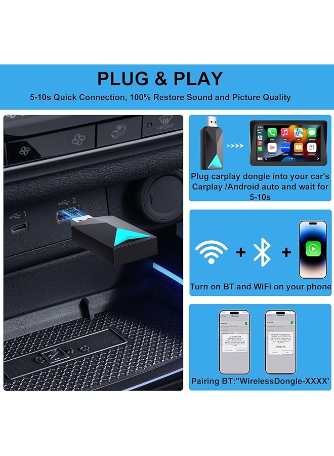 Generic Wireless Carplay Adapter For Oem Wired Carplay/Android Auto To Wireless Connection Plug And Play Dongle,5Ghz Wifi Low Latency Keep Original Control Fits Cars From 2016+ And Iphone Ios (Black-1)  - Image 4