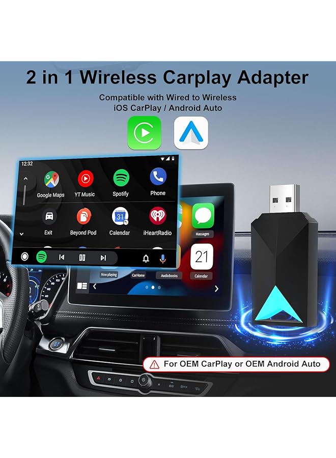 Generic Wireless Carplay Adapter For Oem Wired Carplay/Android Auto To Wireless Connection Plug And Play Dongle,5Ghz Wifi Low Latency Keep Original Control Fits Cars From 2016+ And Iphone Ios (Black-1)  - Image 2