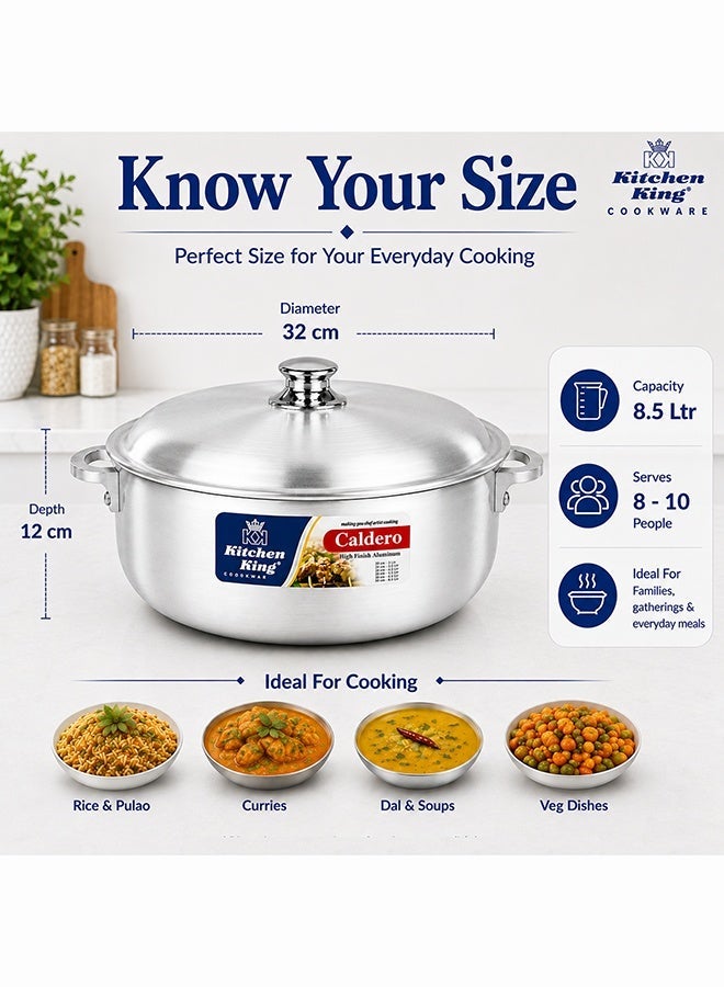 Kitchen King Caldero Aluminium Cooking Pot with Lid 32 cm (8.5 Ltr), Heavy-Duty Wide Base, Shallow Casserole for Biryani, Rice, Curry & Stews, Even Heat Distribution, Dishwasher Safe, Silver - Image 3