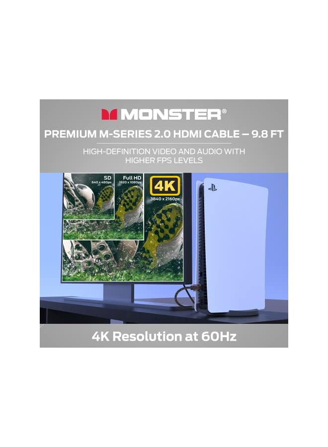 Monster M-Series 2000 Certified Premium Ultra High Speed HDMI Cable - 2.0 4K 60Hz, 25 Gbps - 3 Meters (9.8 Ft) - Image 2