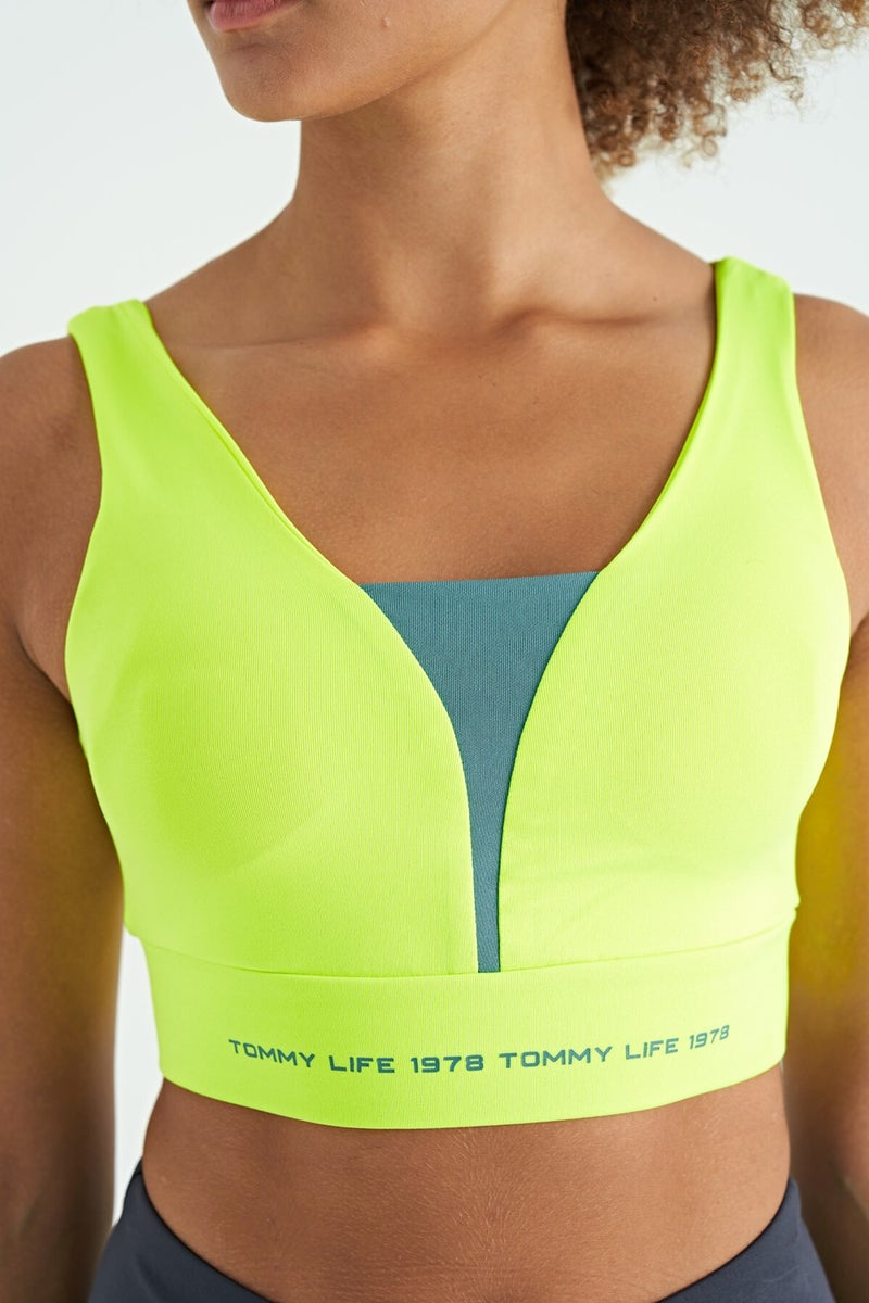Tommy Life Neon Yellow Text Printed Color Block Slim Fit Diving Fabric Women's Bustier - 97271 - Image 5