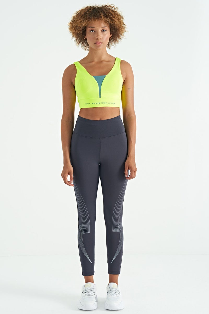 Tommy Life Neon Yellow Text Printed Color Block Slim Fit Diving Fabric Women's Bustier - 97271 - Image 2