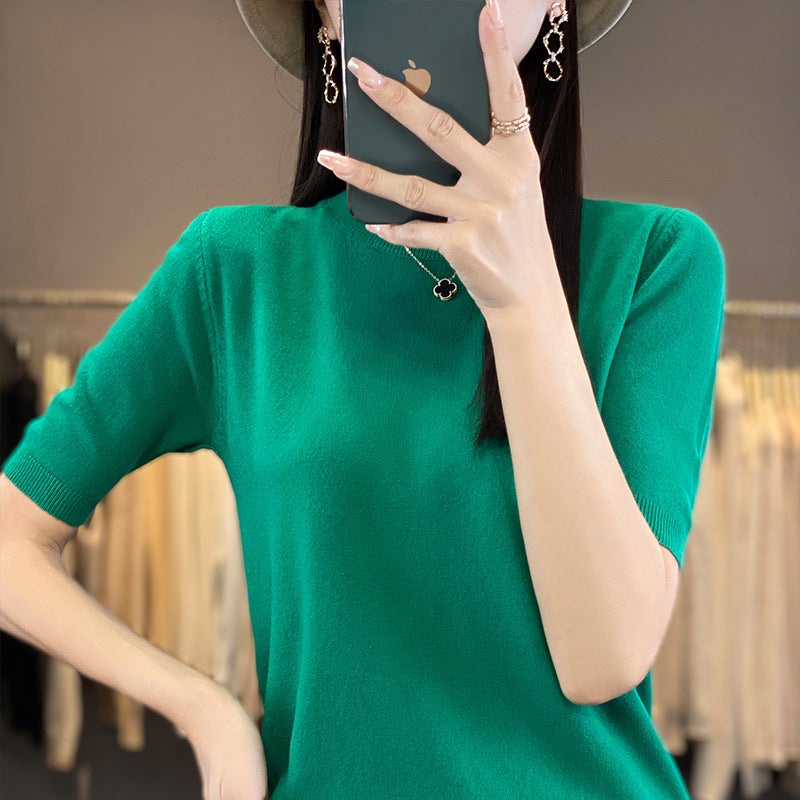Core-Spun Yarn Short-Sleeved T-Shirt Women'S 2025 Spring New Round Neck Thin Knitted Top Breathable Temperament High-End - Image 1