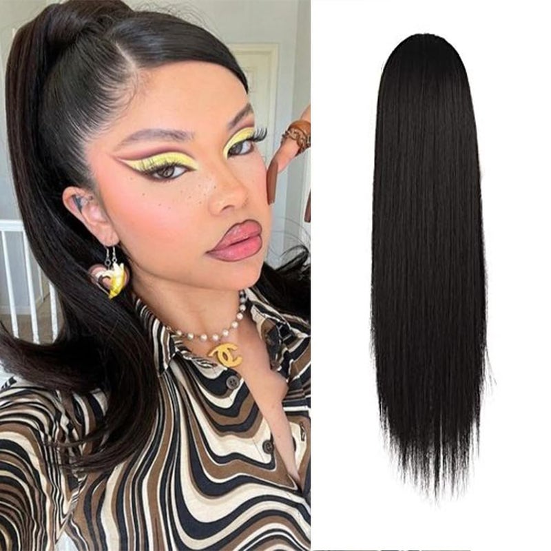 BARSDAR Short Straight Ponytail Extension - 14 Inch Drawstring Black Ponytail Hair Extensions for Women - Synthetic Fake Pony Tails Hairpieces Clip in Straight Ponytails Daily - Natural Black - Image 1