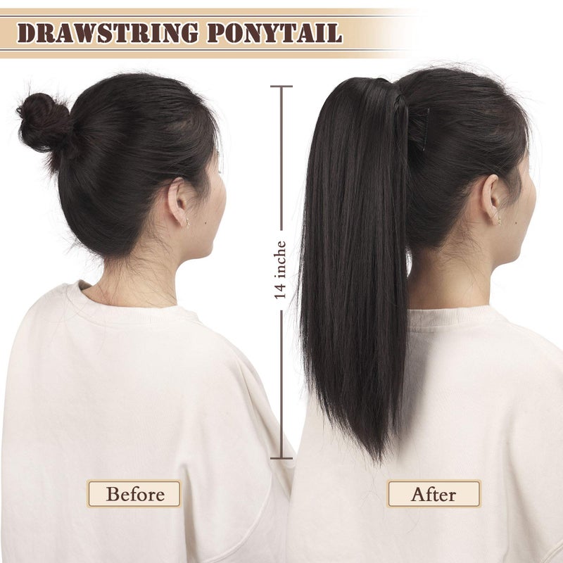 BARSDAR Short Straight Ponytail Extension - 14 Inch Drawstring Black Ponytail Hair Extensions for Women - Synthetic Fake Pony Tails Hairpieces Clip in Straight Ponytails Daily - Natural Black - Image 5