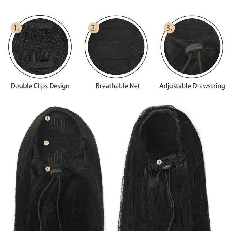 BARSDAR Short Straight Ponytail Extension - 14 Inch Drawstring Black Ponytail Hair Extensions for Women - Synthetic Fake Pony Tails Hairpieces Clip in Straight Ponytails Daily - Natural Black - Image 3