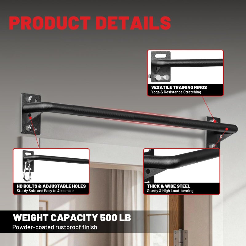 PAPABABE Wall Mounted Pull Up Bar, Chin Up Bar, Strength Training Pull-Up Bars Chin Up Bars for Home Gym, 500LBS Weight Capacity (Black 36 inch) - Image 3