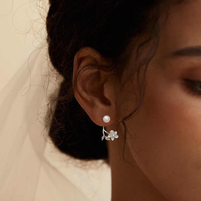 Tituthia Dangle Earrings for Women, 14k Pearl Drop Earrings Silver Flower Stud Earring Cute Silver Earrings for Women Trendy Wedding Earring Hypoallergenic Prom Bridal Jewelry Gifts - Image 3