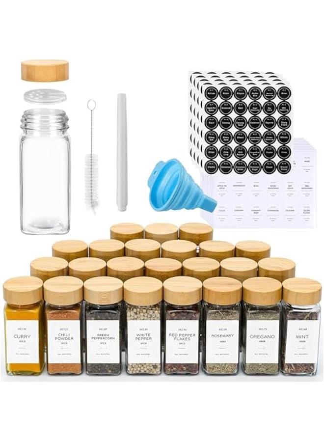 Beauenty 24 Pcs Glass Spice Jars with Bamboo Lids, 4 oz Glass Jars with Minimalist Farmhouse Spice Labels Stickers, Collapsible Funnel, Seasoning Storage Bottles for Spice Rack, Cabinet, Drawer - Image 1