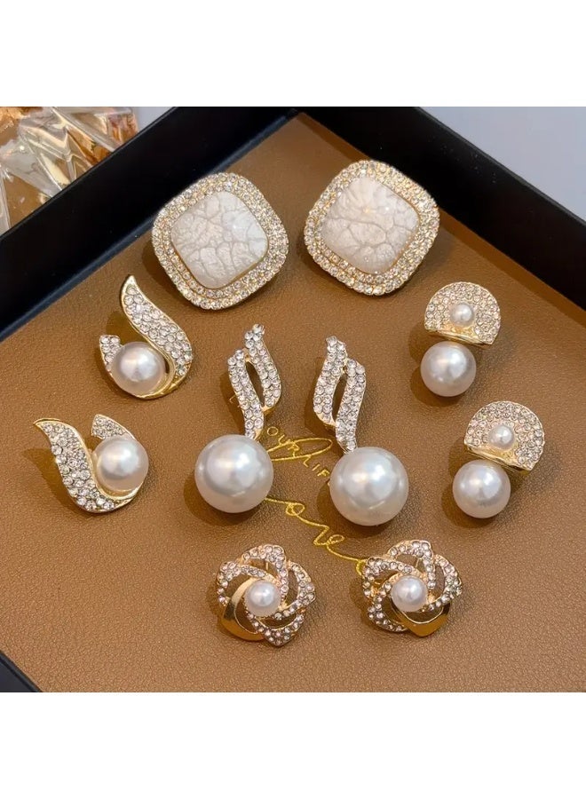 aeen Elegant 5-Pair Pearl & Rhinestone Stud Earring Set for Women – Vintage-Inspired Zinc Alloy Design, Perfect for Daily Wear & Parties - Image 1