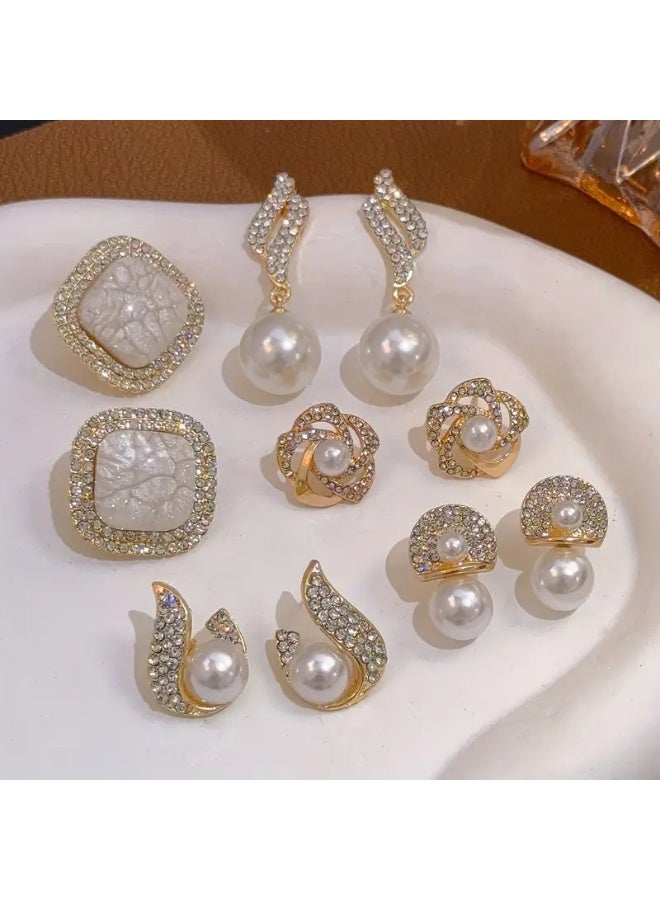aeen Elegant 5-Pair Pearl & Rhinestone Stud Earring Set for Women – Vintage-Inspired Zinc Alloy Design, Perfect for Daily Wear & Parties - Image 2