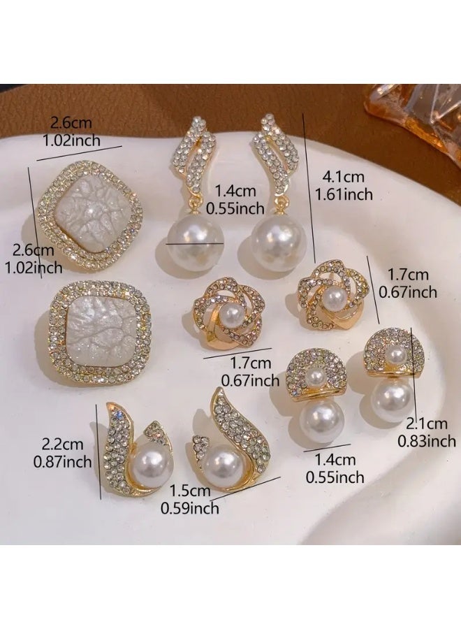 aeen Elegant 5-Pair Pearl & Rhinestone Stud Earring Set for Women – Vintage-Inspired Zinc Alloy Design, Perfect for Daily Wear & Parties - Image 3