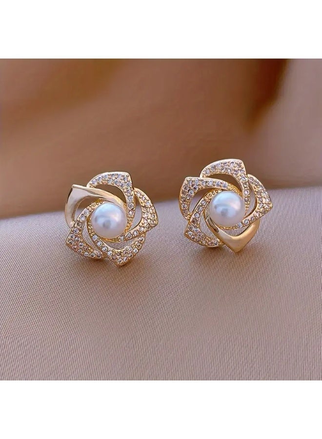aeen Elegant 5-Pair Pearl & Rhinestone Stud Earring Set for Women – Vintage-Inspired Zinc Alloy Design, Perfect for Daily Wear & Parties - Image 4