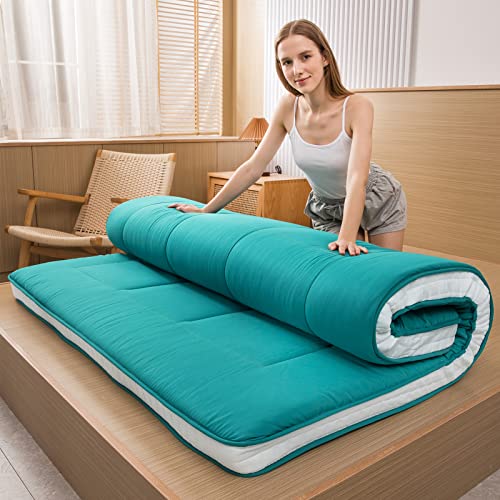 MAXYOYO MAXYOYO Futon Mattress Padded Japanese Floor Mattress Quilted Bed Mattress Topper Extra Thick Folding Sleeping Pad Breathable Floor Lounger Guest Bed for Camping Couch Turquoise Queen 