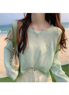Elegant Sunscreen Cardigan Womens Loose Fit Ice Silk Off-Shoulder Tee Mint Green