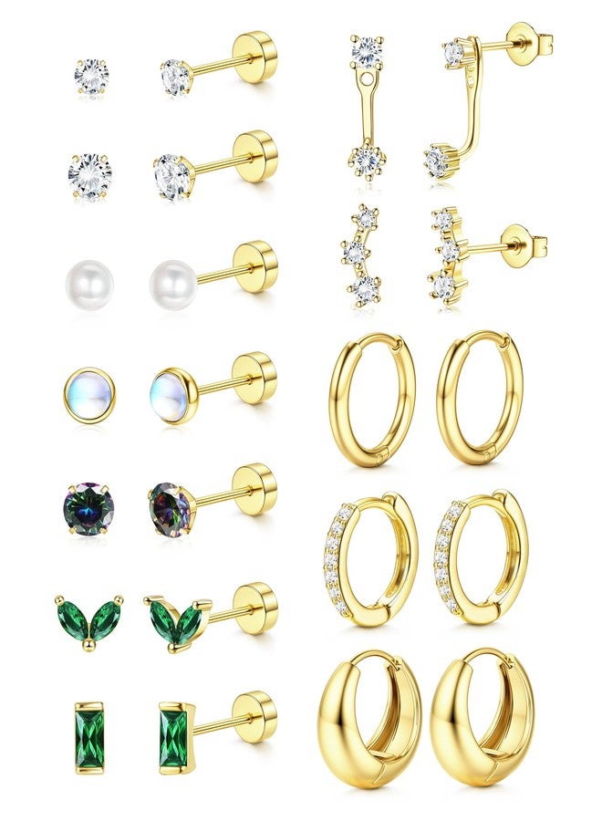 BESTEEL Hypoallergenic Flat Back Earrings - 14K Gold Plated Cartilage Earring Sets for Multiple Piercing, 20G Surgical Stainless Steel Earrings for Women, Small Hoop Flatback Stud Earring Stacks Christmas Gifts - Image 1
