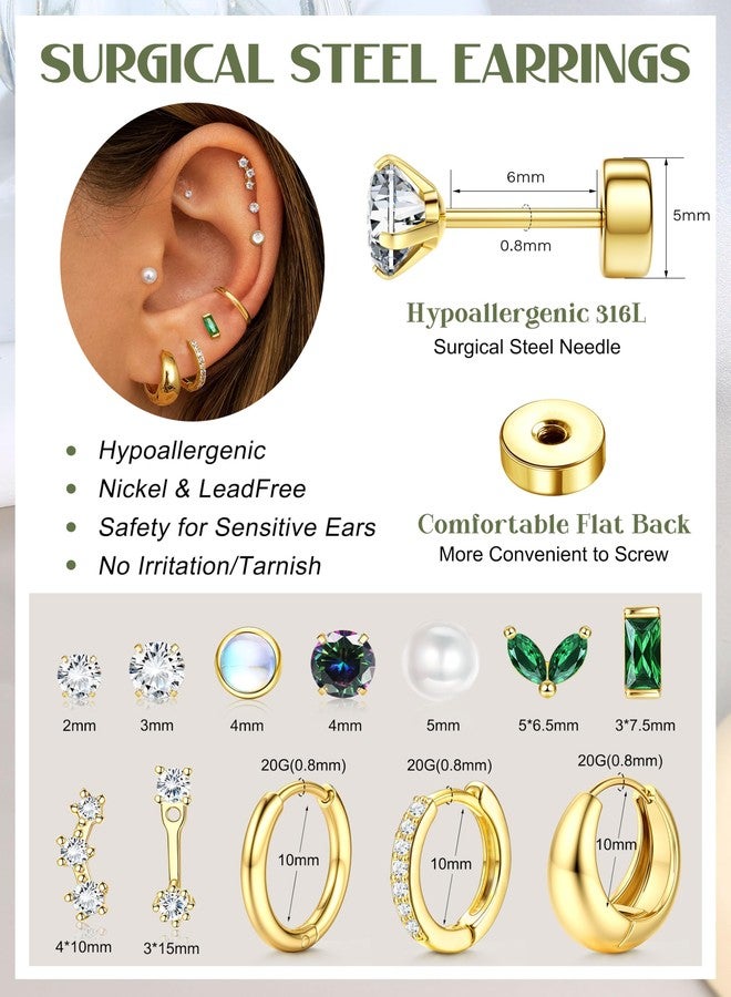 BESTEEL Hypoallergenic Flat Back Earrings - 14K Gold Plated Cartilage Earring Sets for Multiple Piercing, 20G Surgical Stainless Steel Earrings for Women, Small Hoop Flatback Stud Earring Stacks Christmas Gifts - Image 5