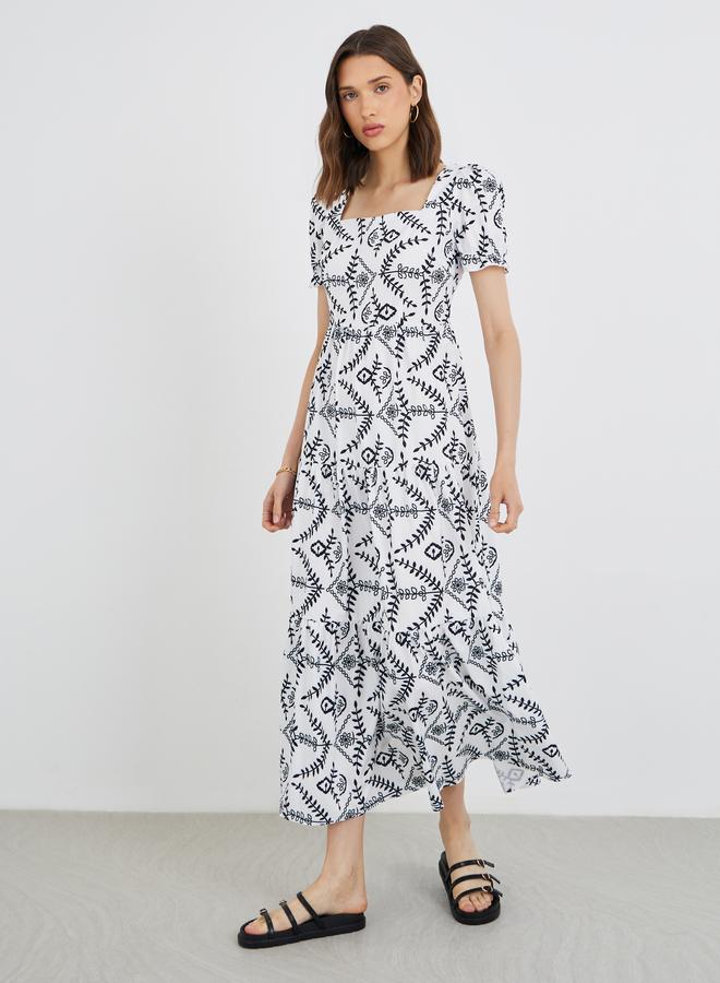 تايك تو فستان ميدي - بياقة مربعة وطبعة زهور - Image 2