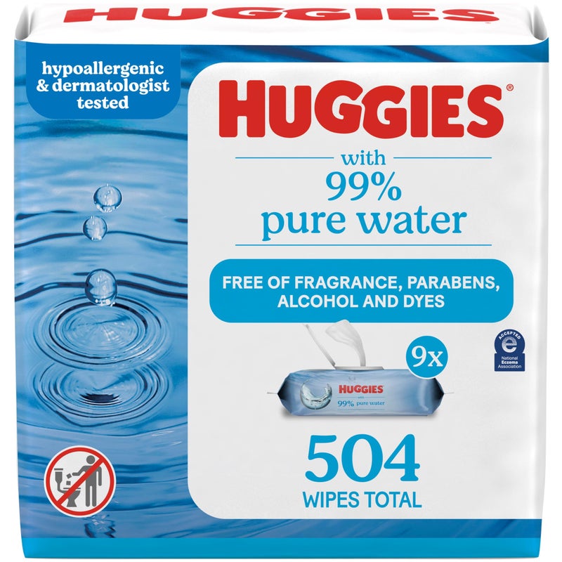 Huggies 99% Pure Water Baby Wipes, Unscented, 9 flip-top packs (3 Packs of 3), 504 Wipes Total, Packaging May Vary - Image 1